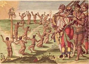 Sun worshipping ritual with an offering of a deer by Jacques le Moyne de Morgues
