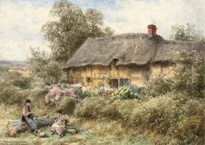 Children Spinning Wool Before A Thatched Cottage