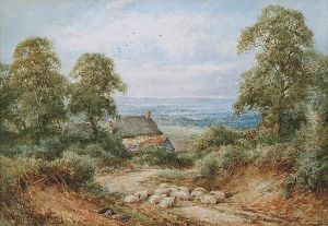 Sheep Resting In A Country Lane With Cottage And Landscape Beyond