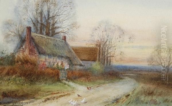 A Mother And Child With Geese Before A Thatched Cottage In Early Autumn - view 1
