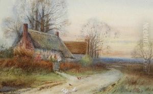 A Mother And Child With Geese Before A Thatched Cottage In Early Autumn by Henry John Sylvester Stannard