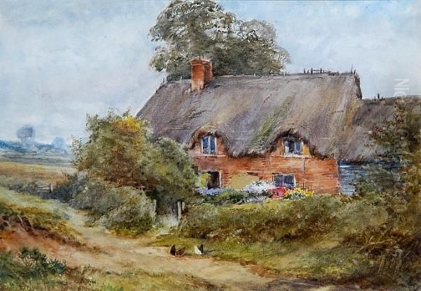 Chickens Feeding In Front Of A Thatched Cottage - view 1