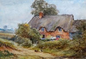 Chickens Feeding In Front Of A Thatched Cottage