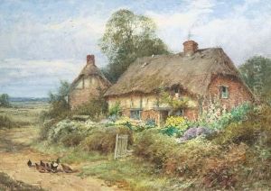 Chickens Before A Thatched Cottage At Harlington,bedfordshire