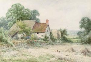 A Thatched Cottage With Chickens In A Rural Landscape by Henry John Sylvester Stannard