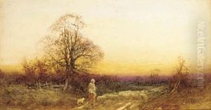 A Shepherd And Sheep On A Country Lane At Sunset by Henry John Sylvester Stannard