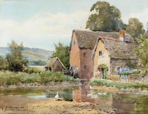Ducks On A Pond Before A Mill In A Wooded Landscape
