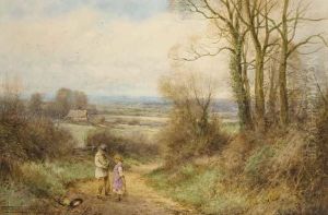 Children Gathering Primroses On A Country Lane by Henry John Sylvester Stannard