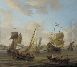 Shipping On The Ij Off Amsterdam With A Smalschip, A Dutch Man-o'-war, And Other Vessels