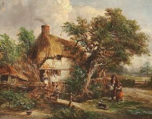 A Family Before A Cottage; Cows Resting By A Farm Gate.