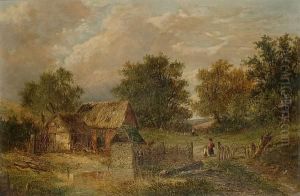 Chickens Before A Barn, With Figures By A Gate