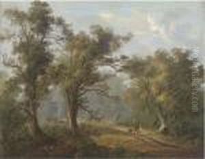 A Man And His Dog On A Wooded Path by Joseph Thors
