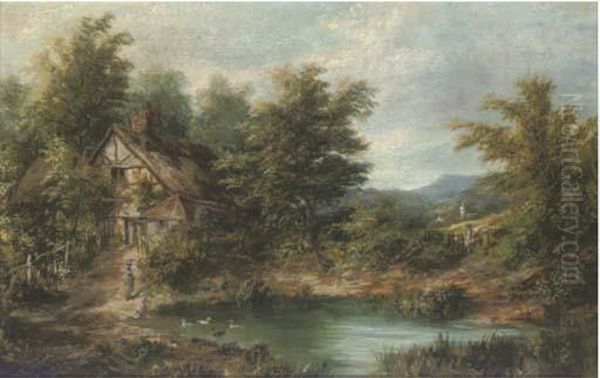 Figures By A Pond, With A Cottage Beyond - view 1