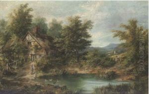 Figures By A Pond, With A Cottage Beyond by Joseph Thors