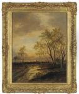 A Rural Landscape At Sunset With Figures On A Path by Joseph Thors