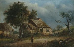 A Figure And Chickens Before A Cottage