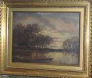 A River Scene At Dusk; A River Scene By Moonlight, A Windmill And Buildings Beyond by Joseph Thors