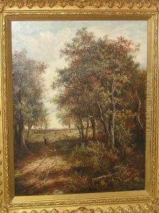 A Woodland Path With Woman Carrying Firewood