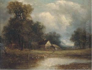 Figure And Cottage By A Pond by Joseph Thors