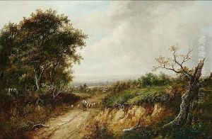 A Shepherd And His Flock On A Country Lane, A Village Beyond