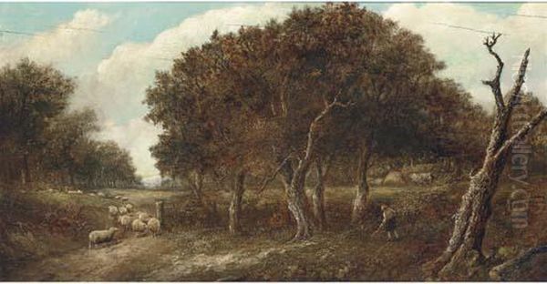 A Shepherd With His Flock In A Wooded Landscape - view 1