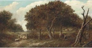 A Shepherd With His Flock In A Wooded Landscape by Joseph Thors