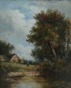 Country River Landscape With A Figure Driving Geese by Joseph Thors