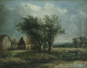 Rural Scene With Chickens Before A Barn by Joseph Thors