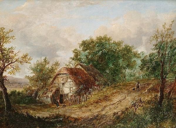 Country Landscape With Timbered Cottage In The Foreground, A Figure On A Track - view 1