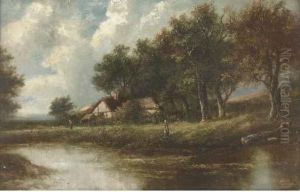 Figures By A River In A Wooded Landscape by Joseph Thors