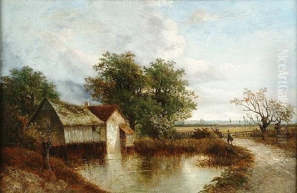 A Figure By A Small Pool With A Cottage Beyond - view 1