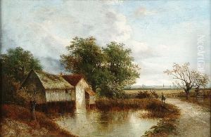 A Figure By A Small Pool With A Cottage Beyond
