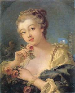 Young Woman With A Bouquet Of Roses by Francois Boucher
