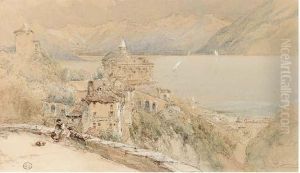 View Of A Continental Lakeside Town by Myles Birket Foster