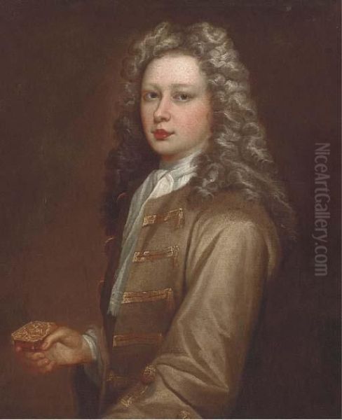 Portrait Of Edmund Kershaw
(b.1701), Half-length, Wearing An Olivejacket, White Cravat, And Holding
A Silver Box - view 1