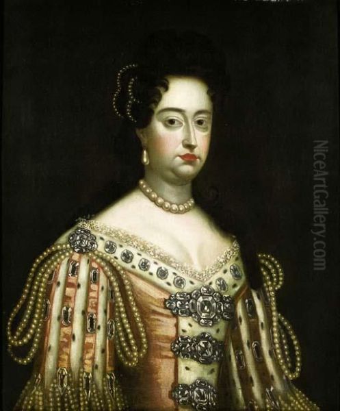 Portrait Of King William Iii,
Half Length, Wearing Armour With Lace Chemise And Wig; And Portrait Of
Queen Mary Ii, Half Length, Wearing An Ermine-lined Pink Satin Dress Set
With Precious Stones And Pearls, Pearl Necklace, Earrings And Headdress - view 1