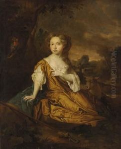 Portrait Of Miss Pearl Of 
Aconbury, Full-length, In A Yellow And White Dress, As A Shepherdess, In
 A Landscape