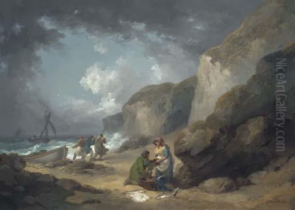 A Coastal Scene With Fisherfolk On The Shore - view 1
