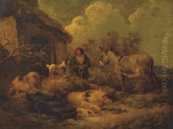 A Farmer In The Yard With Pigs - view 1