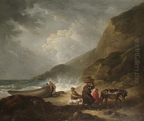 A Rocky Coastline With Travellers On The Beach - view 1
