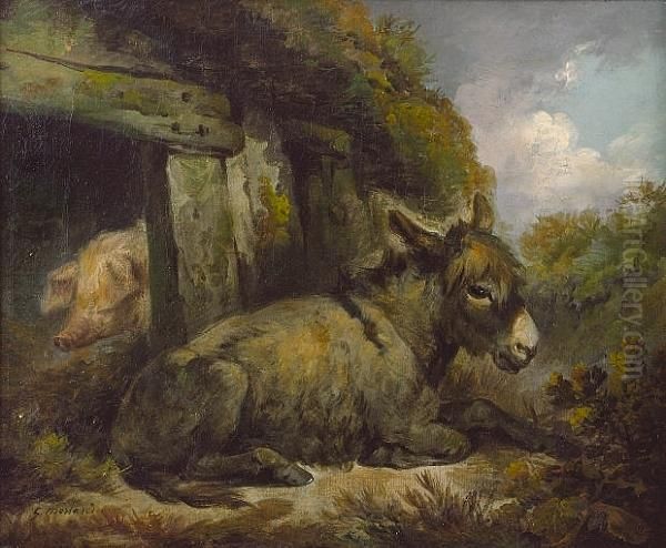 A Donkey And Pig In A Farmyard; And Sheep In A Pasture - view 1