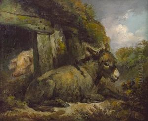 A Donkey And Pig In A Farmyard; And Sheep In A Pasture