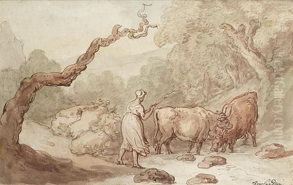 Young Girl Herding Cattle - view 1