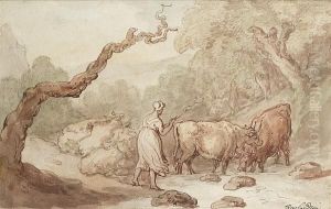 Young Girl Herding Cattle by Thomas Rowlandson