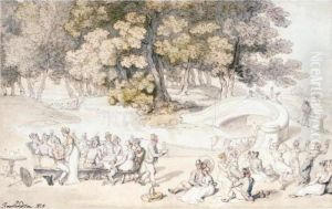 Picnic By An Ornamental Bridge by Thomas Rowlandson