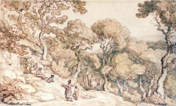 Cottagers Beside A Wooded Road - view 1