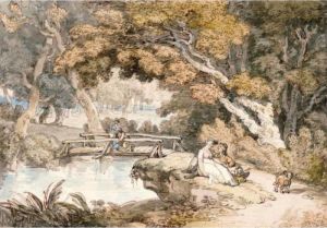 A Wooded Landscape With Lovers By A Stream, A Couple Fishing by Thomas Rowlandson