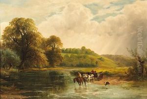 A Landscape With Peasants Fording A River by George Turner