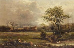 Landscape With Figures By A Stream by George Turner