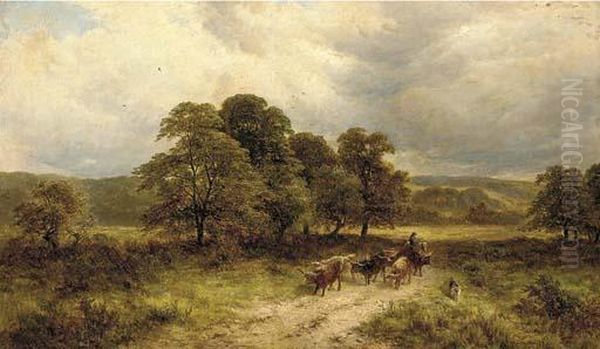 A Drover With Highland Cattle In A Wooded Landscape - view 1